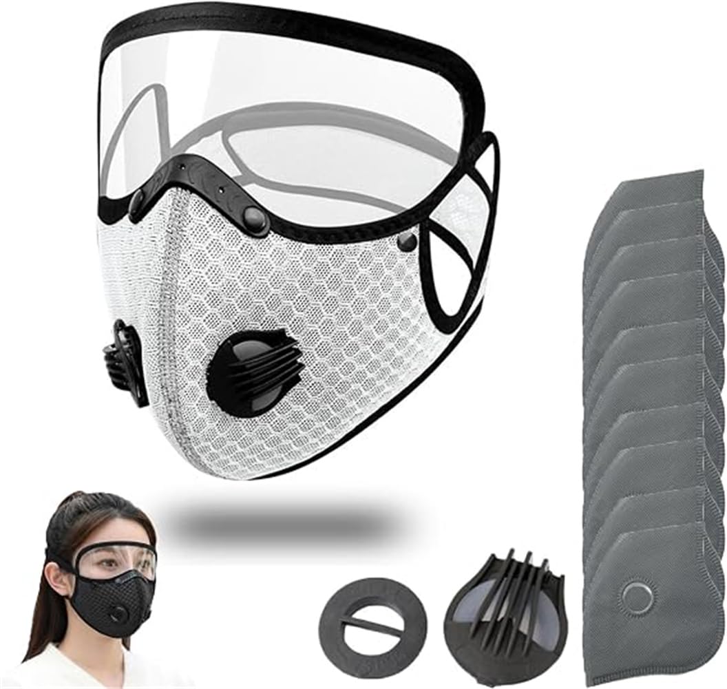 Reusable Carbon Filter Dust Mask with Adjustable Goggles,Activated Carbon Face Mask,Anti-UV-5-Layer Filte with 10 Filters and 2 Valves with Adjustable Goggles for Woodworking Mowing Dust (White)
