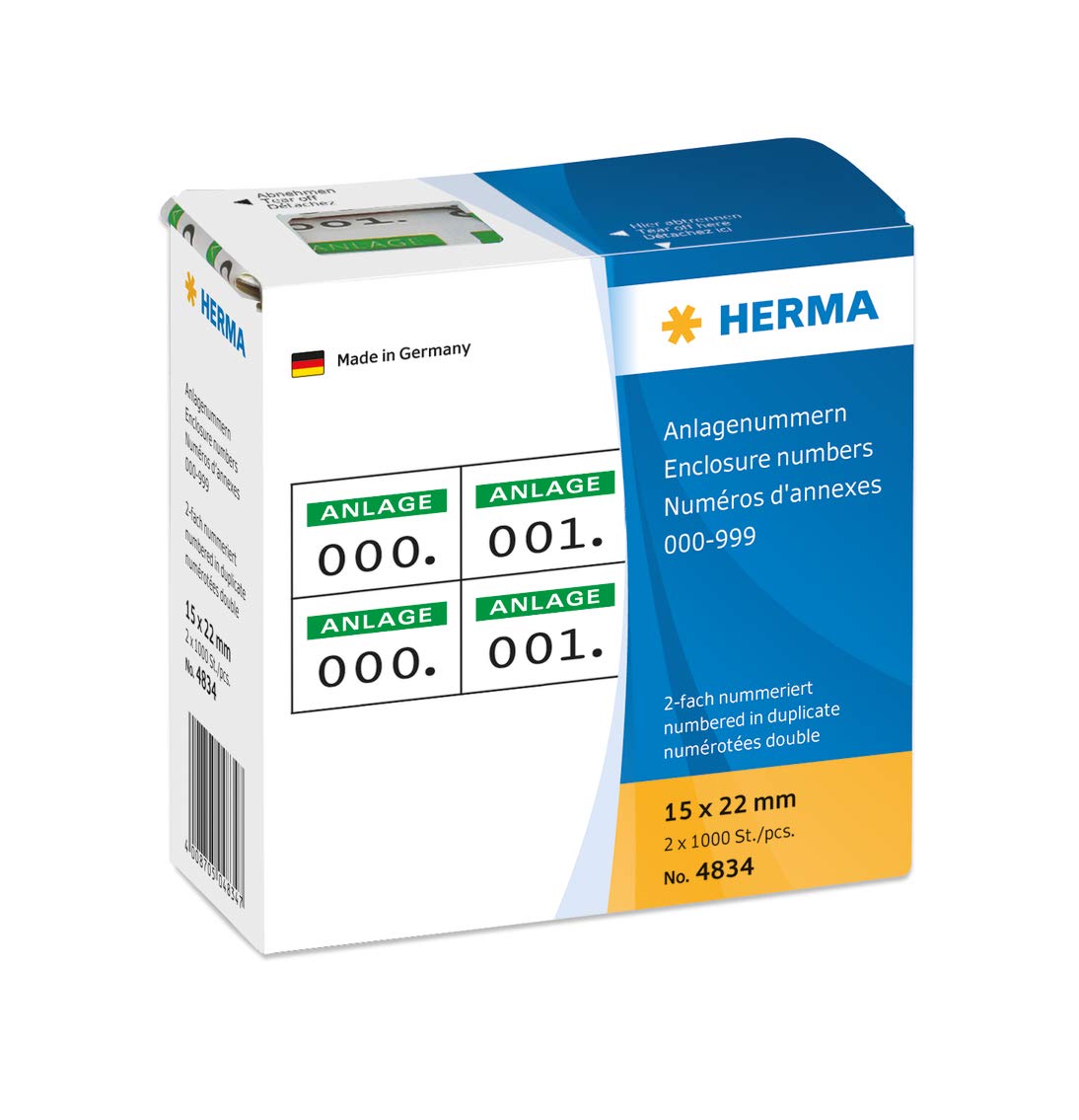 HERMA Number Labels 0-999, Double, 2000 Pieces, 22 x 15 mm, Self-Adhesive, Matte, Double Sequential Paper Number Labels, Asset Numbers in Dispenser Box, Green