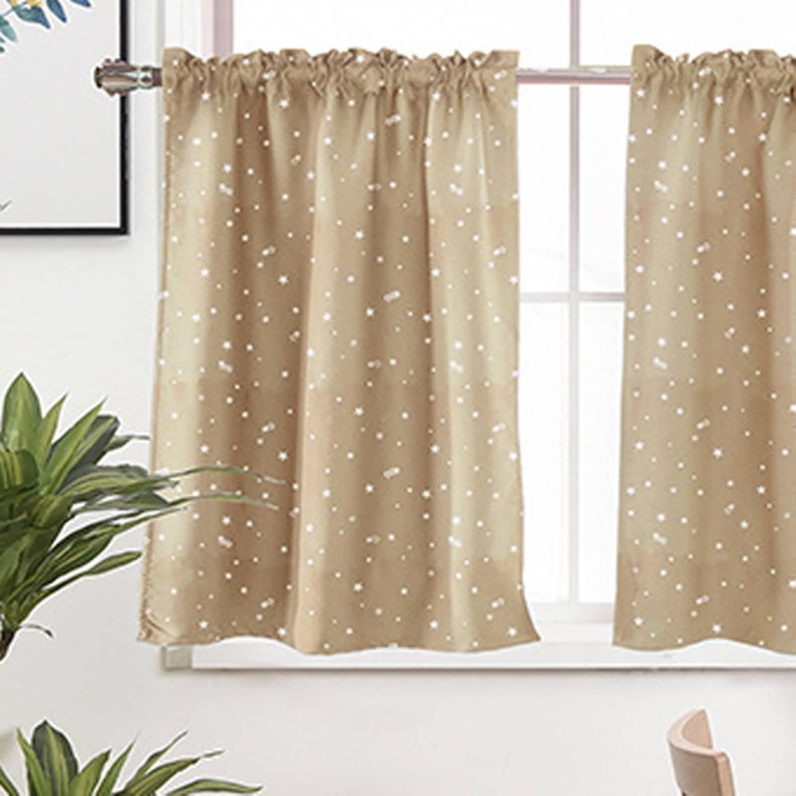 Gardine Verdunkelnd Thermo, 2 Stück Stangentasche Kurz Gardinen Küche Fenster Vorhänge Wohnwagen Sternmuster aus PolyesterKhaki, 74x90cm