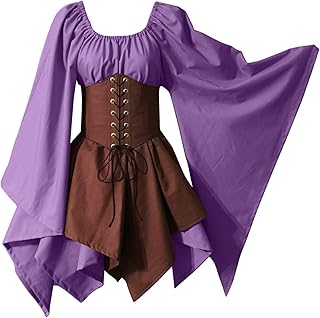 BOTCAM Women's Medieval Dress with Trumpet Sleeves Gothic Retro Dress Renaissance Cosplay Costume Tied Waist Plus Size Dress Carnival Party Halloween Costume Women Mini Dress Party Dress