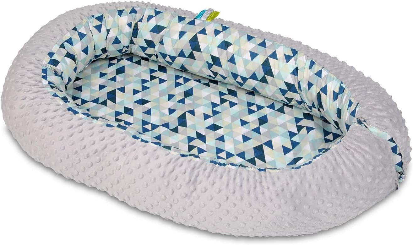 Velinda Baby nest, cushion, soft, 0-8 months, snuggly, Baby sleeping, newborn (pattern: blue triangles – grey)