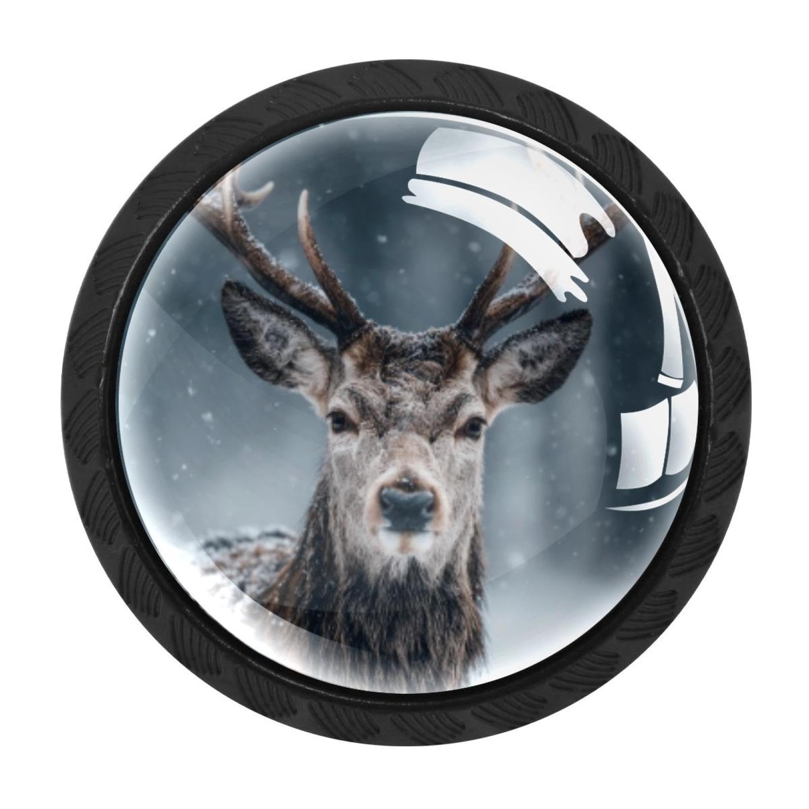 CHENZZZZ 4 Pack Round Cabinet Knobs for Kitchen Bathroom Closet Dresser Cabinets, Christmas Deer Snowy