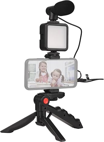 Mini Smartphone Vlog Kit with LED Video Light, Cardioid Microphone, Extendable Phone Clip, Adjustable Brightness Tripod for Live Streaming, Vlogging, Video Conferencing & Selfies
