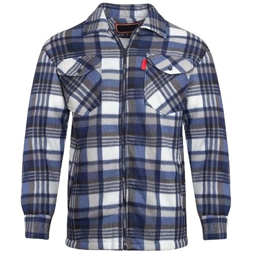 Mens Padded Lumberjack Flannel Shirt Jacket – Thick Quilted Check Work Shirt Coat with Faux-Fur Lined Hood/Collar, Thermal Fleece Lined, Heavy Duty Workwear Unisex Casual Coat Collared Blue XL