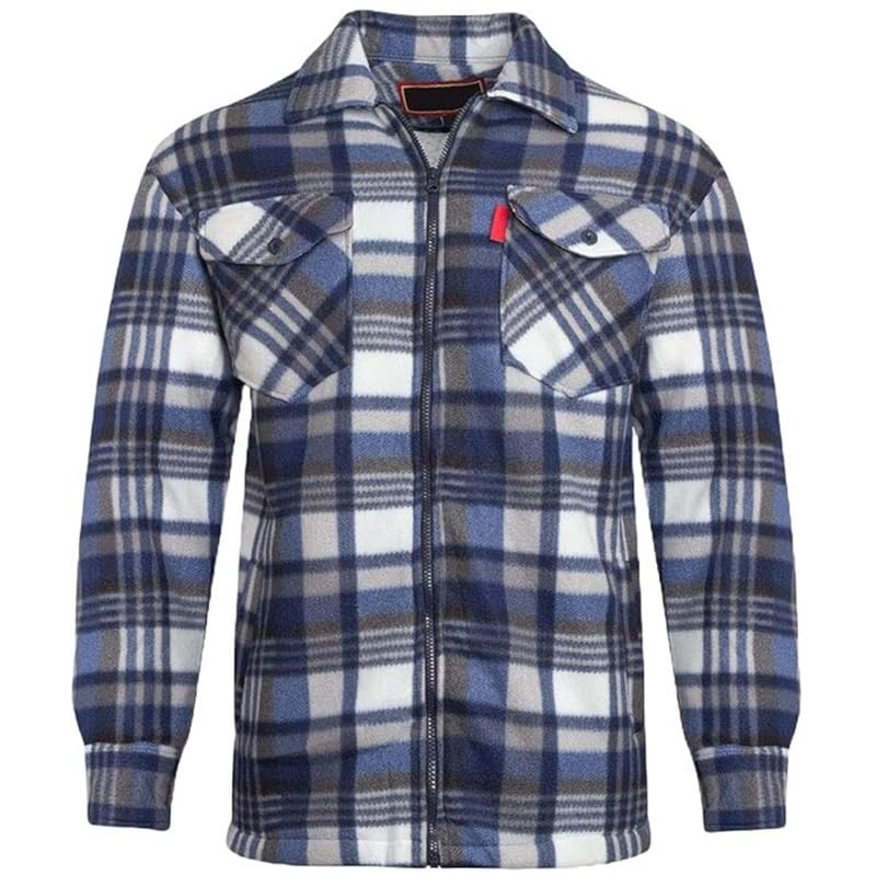 Mens Padded Lumberjack Flannel Shirt Jacket Thick Quilted Check Work Shirt Coat with Faux-Fur Lined Hood/Collar Thermal Fleece Lined Heavy Duty Workwear Unisex Casual Coat Collared Blue XL