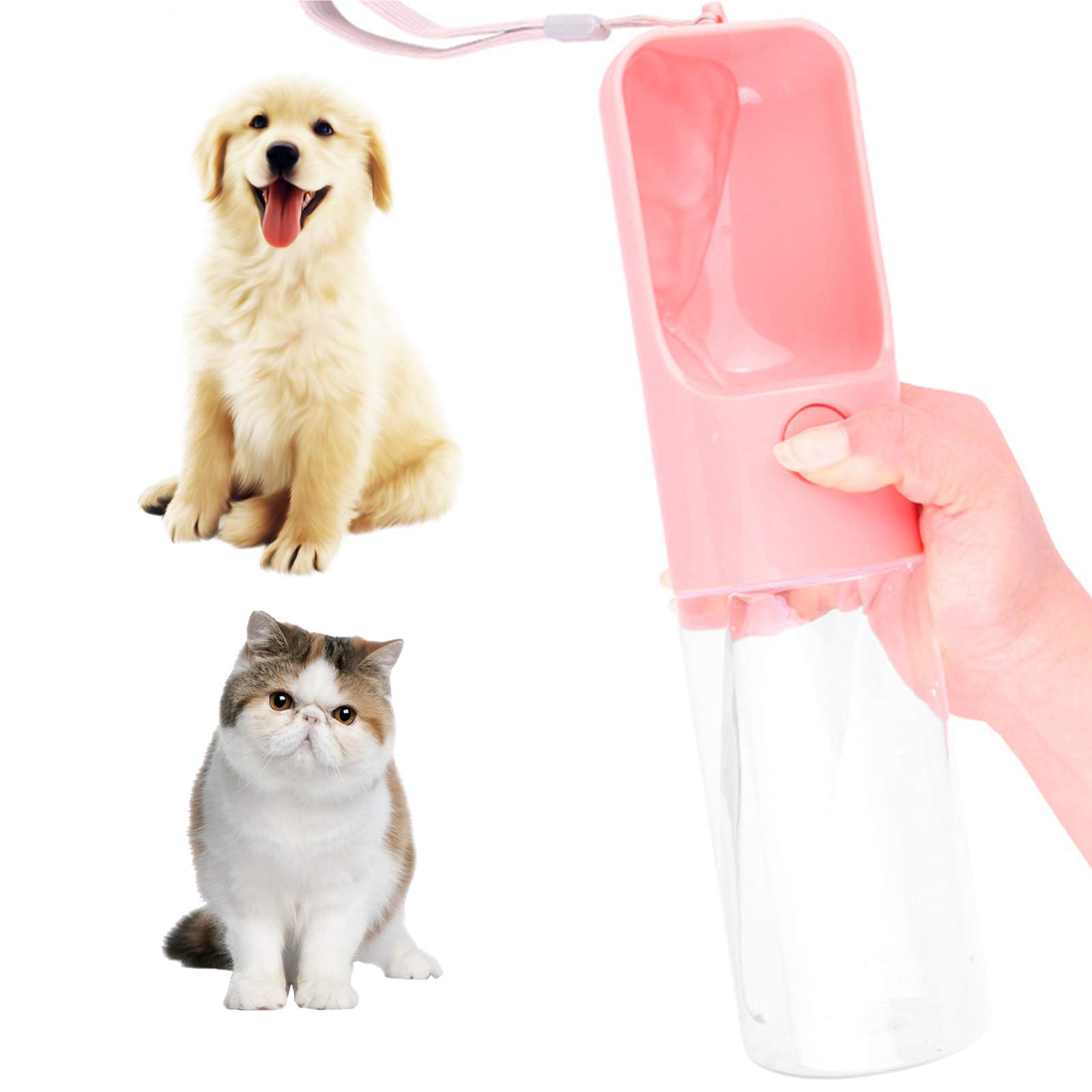 PJDDP Portable Dog Water Bottle 450Ml,Pet Travel Water Drinking Bowl Bottles Cup, Food Grade ABS Leak Proof Water Dispenser for Walking, Easy To Carry Doggy Bottles,Pink
