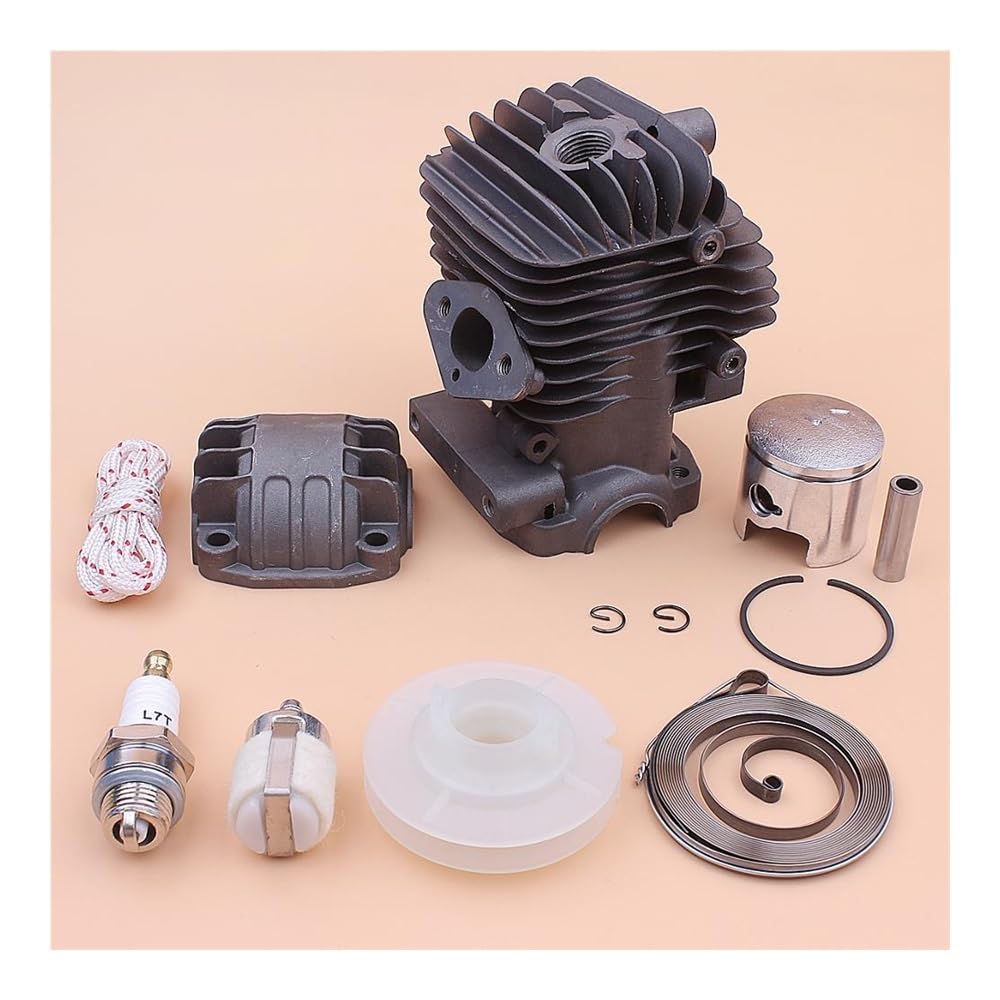 Kit de Base de cárter de Motor de pistón de Cilindro de 34 mm, Compatible con polea de Arranque de Retroceso de 25 CC, Resorte, Cuerda, bujía y Pieza de Motosierra.