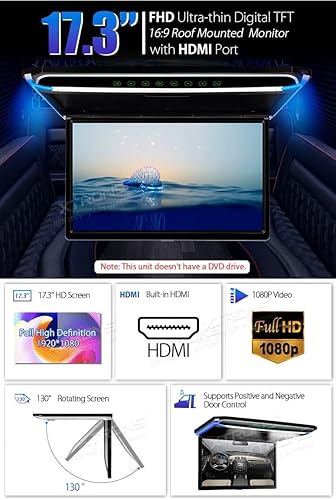Miniatura 18 de XTRONS® Pantalla TFT digital FHD ultrafina de 17.3 pulgadas 16:9 1080P Video Reproductor de video para automóvil, monitor montado en el techo