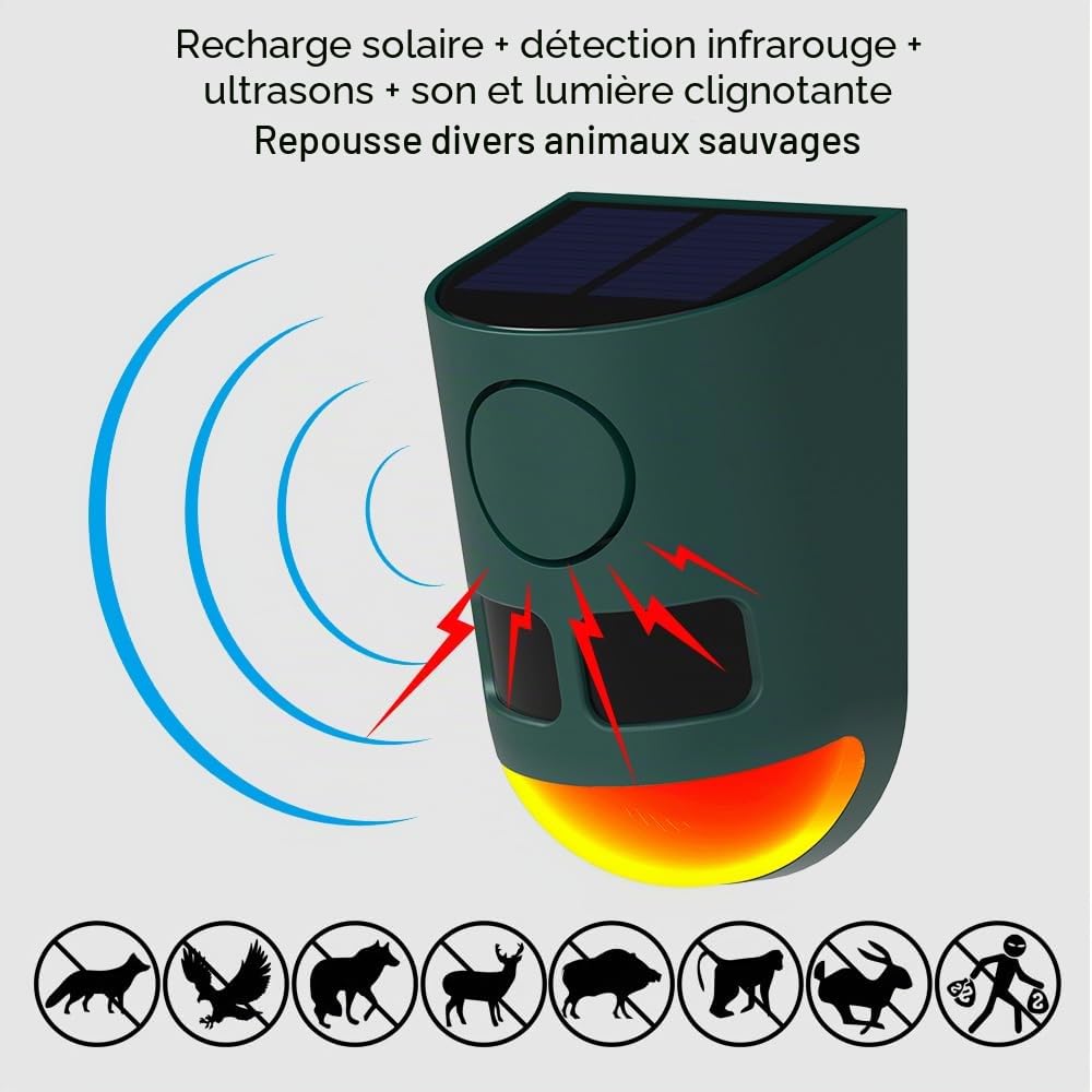 Alarme extérieur solaire à détecteur de mouvement – Bruit sonore de 129 dB, détecteur de mouvement multibande haute fréquence à ultrasons avec lumière stroboscopique, pour la cour, la ferme, le jardin