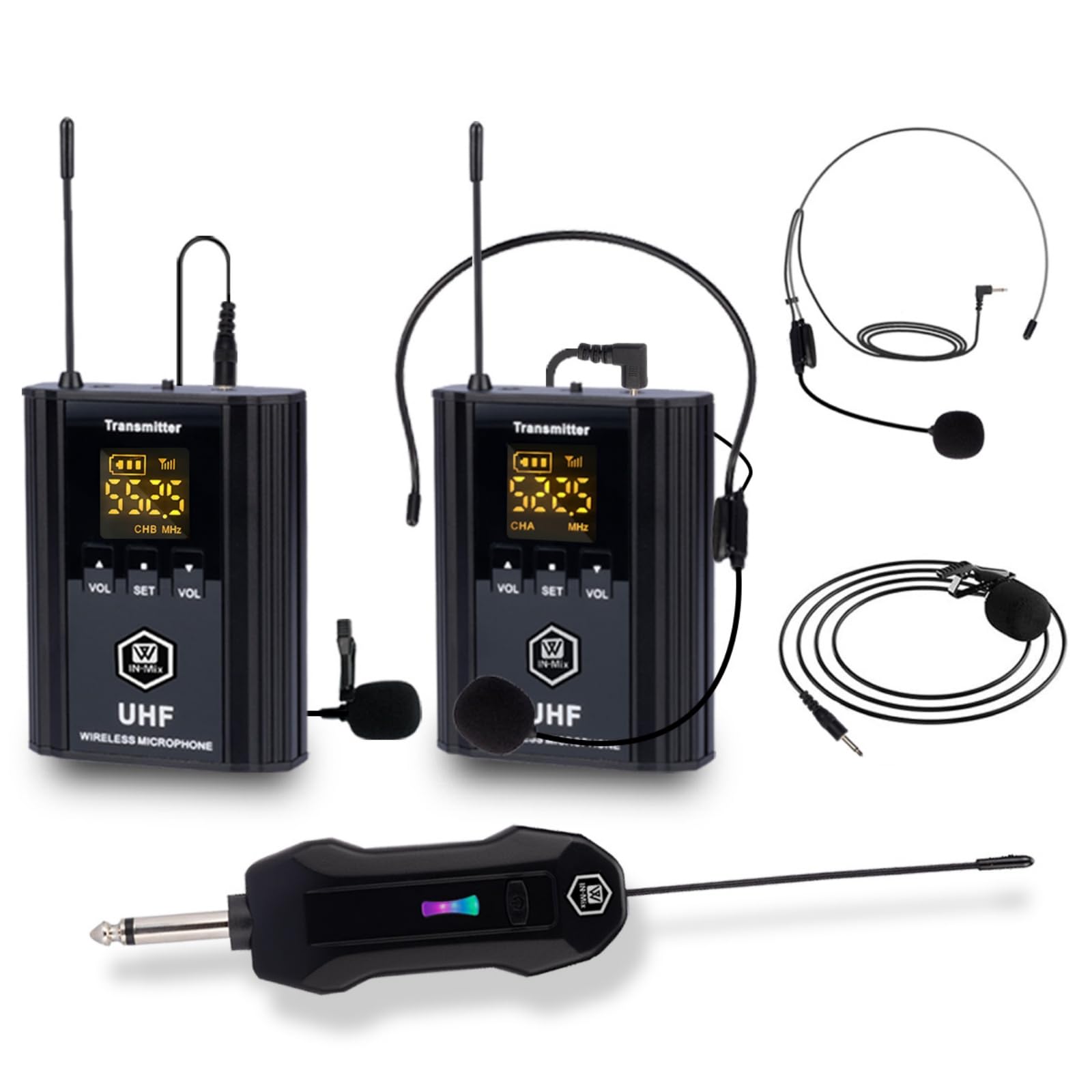 W IN-MIX UHF Wireless Microphone System, Portable Cordless Microphone Set with Headset, Lavalier, Beltpack Transmitter for Karaoke,Church and Party(2)