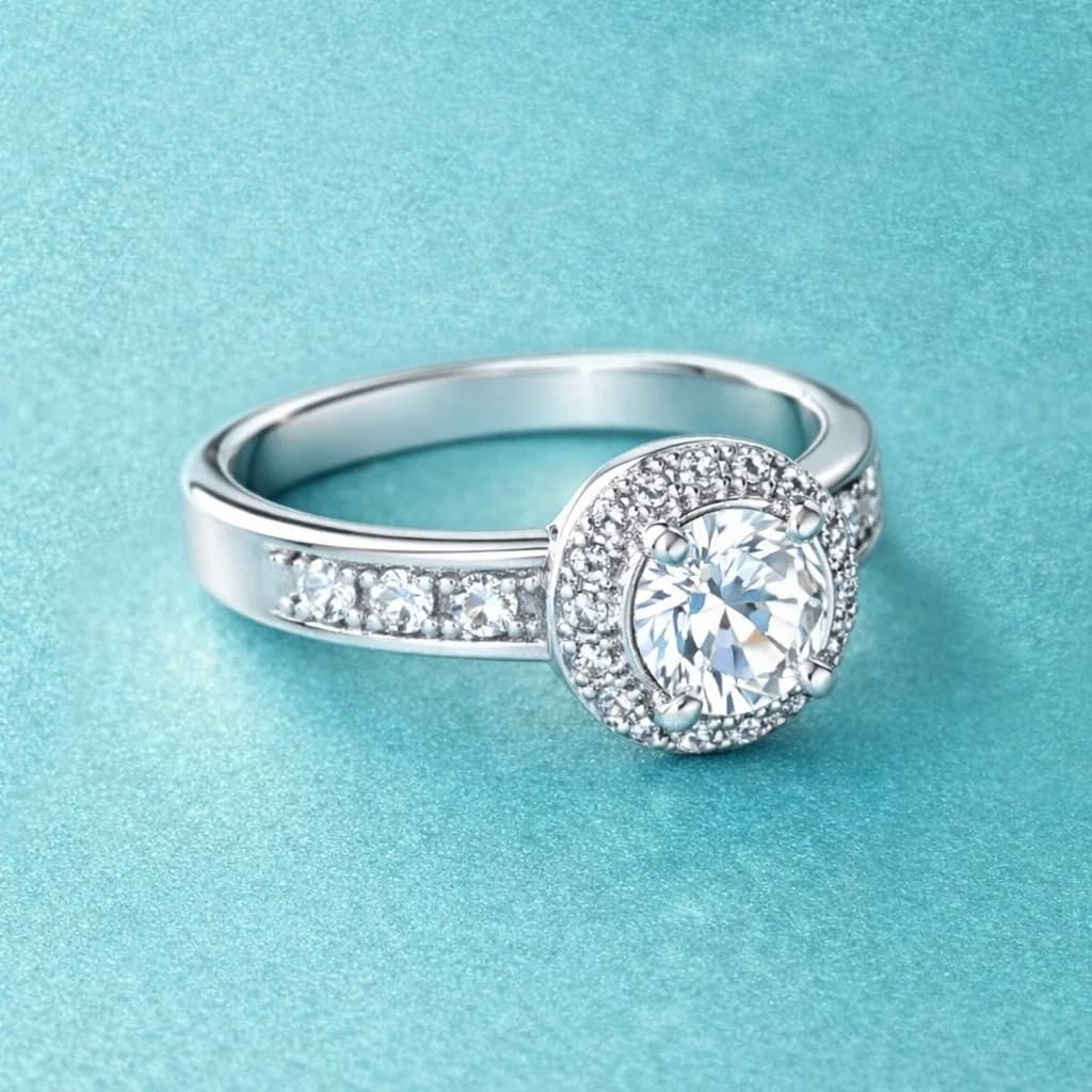 FAIRY COUPLE Round Cut Halo CZ Ring for Women – 18K White Gold Plated simulated Diamond Engagement Wedding Promise Ring, Looks Like Real Diamond Jewelry R67 - Image 2