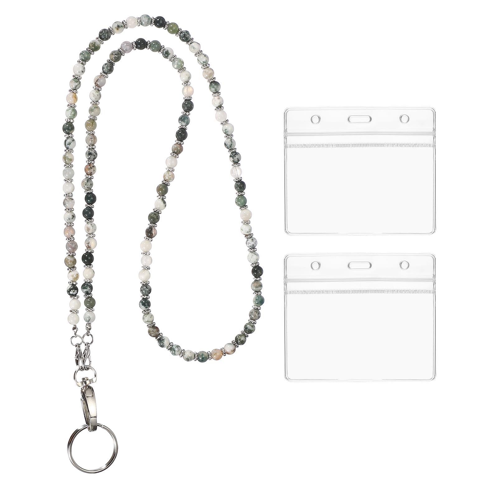 PATIKIL Beaded Lanyards for ID Badges, Cute Gemstone Beaded Keychain Necklace Lanyard with 2 Horizontal Badge Holders for Women Teacher Gift Keys Chain Cards, Cyan