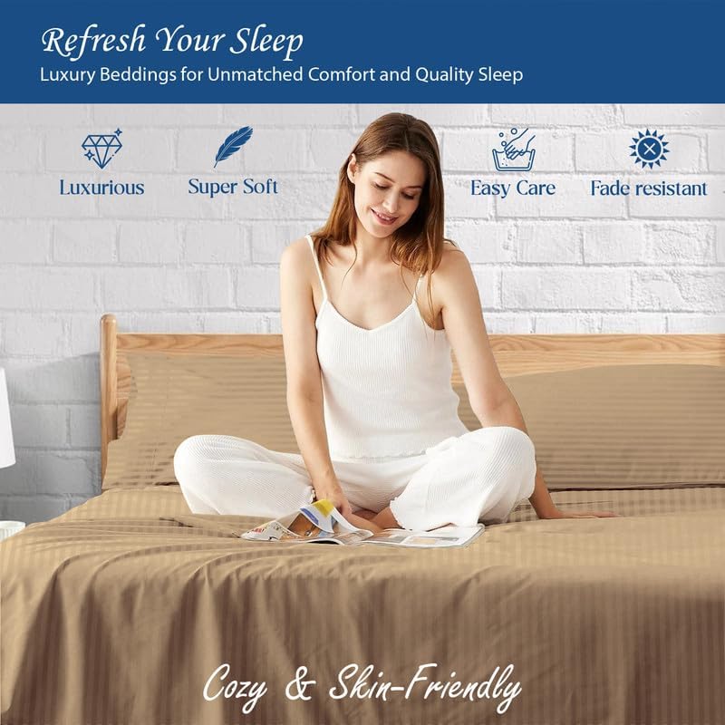 900-Thread-Count 100% Egyptian Cotton Sheets, Luxrious 6-PCs Sheet Set, Soft and Silky, Fits Mattress Upto 21-23'' Deep Pocket (Queen, Taupe Stripe)