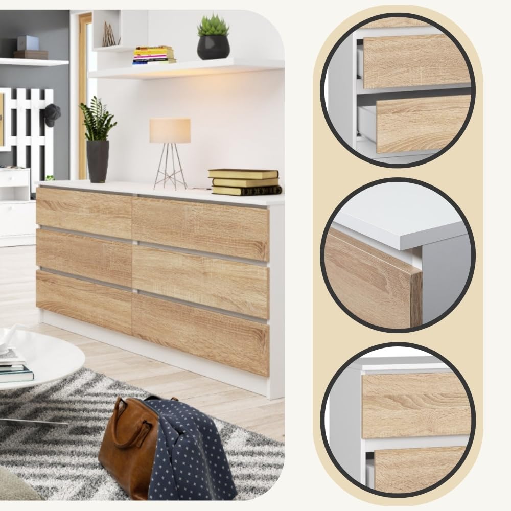 AKORD Cassettiera K 160 cm | 6 Cassetti (2 x 3) | Moderna Mobiletto per il soggiorno Camera da letto Armadio Soggiorno Bagno | Salvaspazio | 160 x 77 x 40 cm | Peso 70 kg |Bianco/Rovere Sonoma