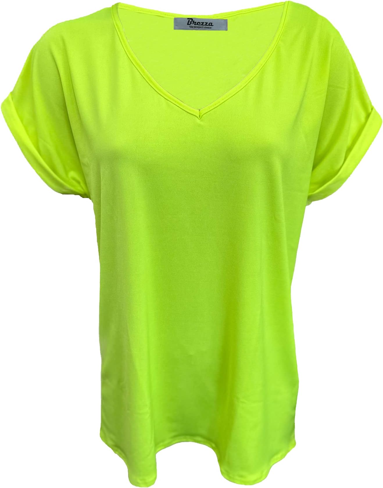 XuBiDuBi Womens Ladies V Neck Baggy TOP Vneck Baggy TOP Ladies Loose FIT V-Neck Loose Fit Turn UP Sleeves Neon T Shirts UK Sizes 8-26