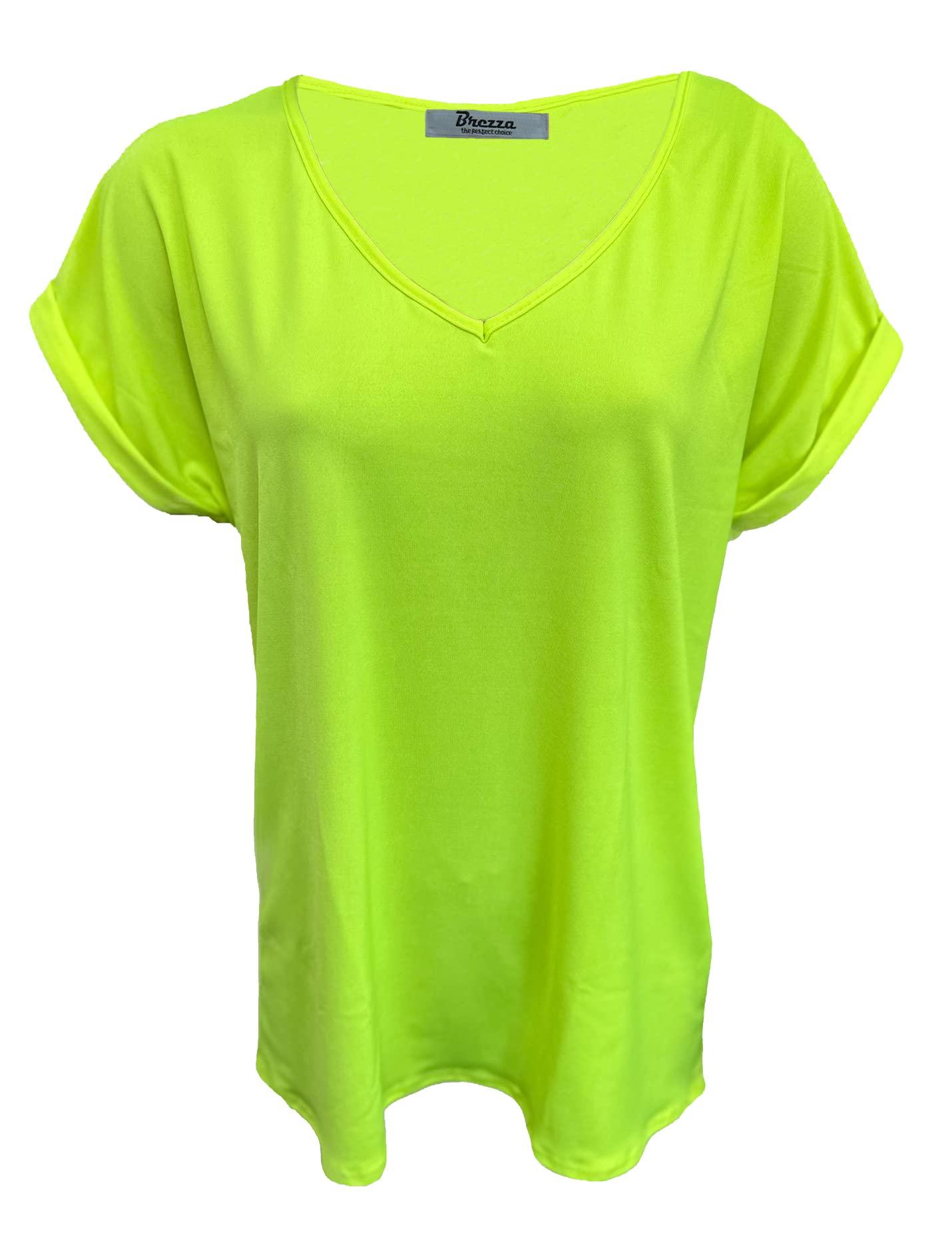 XuBiDuBi Womens Ladies V Neck Baggy TOP Vneck Baggy TOP Ladies Loose FIT V-Neck Loose Fit Turn UP Sleeves Neon T Shirts UK Sizes 8-26