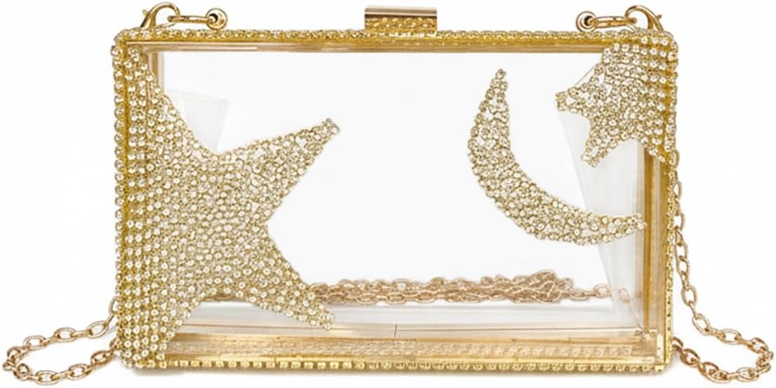 Ladies Clear Acrylic Moon and Star Rhinestone Chain Bag Sparkly Transparant Clutch Purse for Women Evening