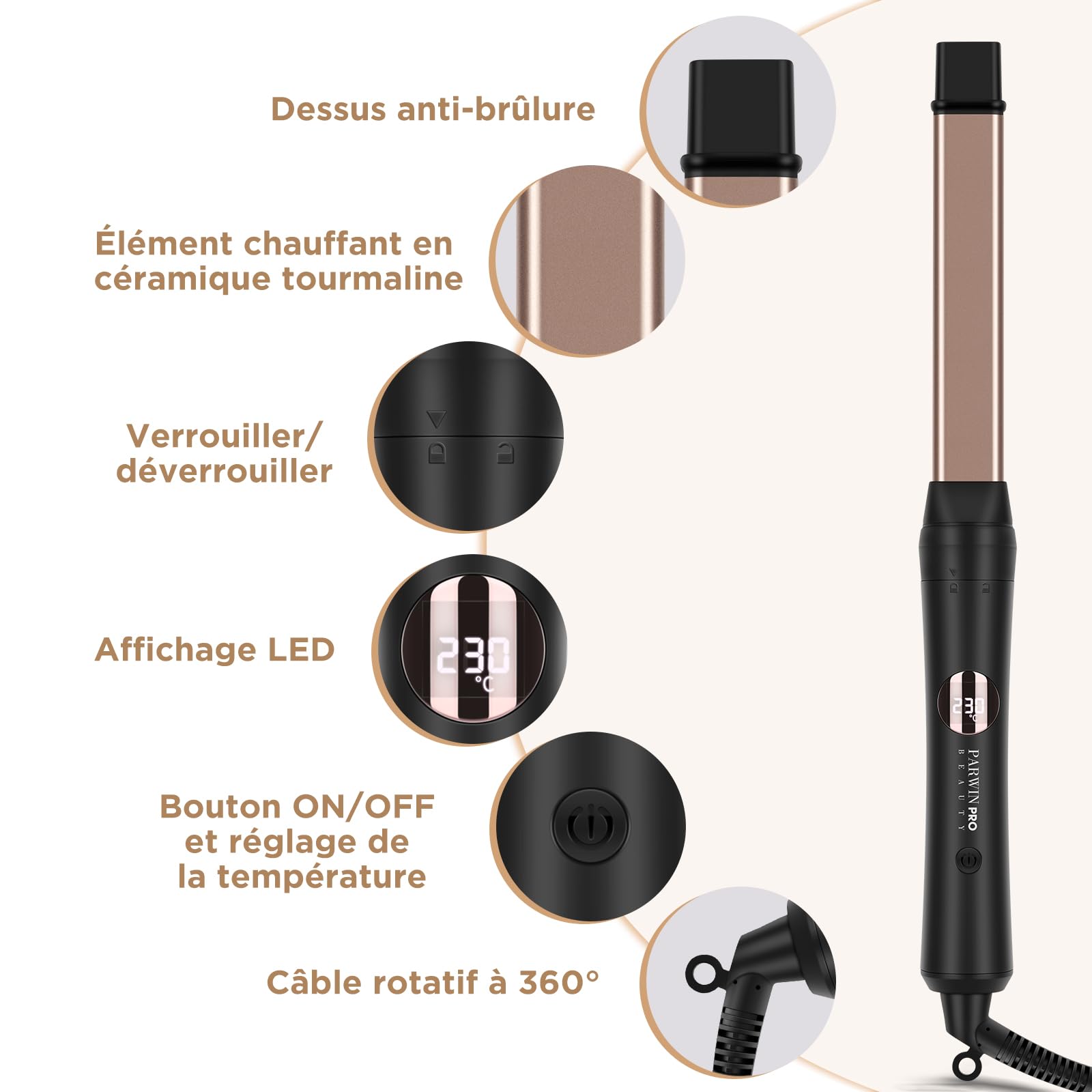 Fer à Boucler 5 en 1 PARWIN PRO BEAUTY Multifonctionnel Interchangeable Kit Fer à Friser avec Tourmaline en céramique et 140-230°C Température réglable Boucleur a Cheveux avec écran LCD