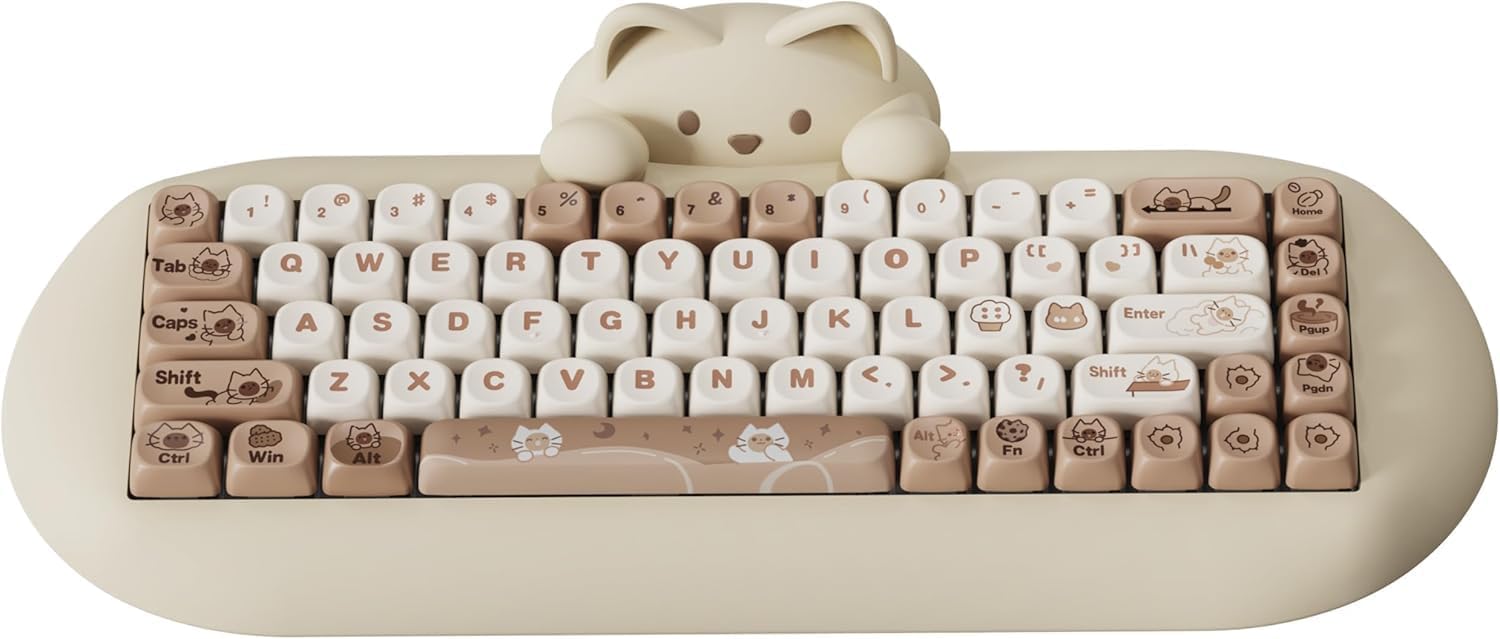 YUNZII C68 Wireless Mechanical Keyboard, 65% Gaming Hot Swap,Triple Mode BT5.0/2.4G/Wired,RGB Backlit NKRO,Cute Cat Silicone Ergonomic Keyboard for Win/Mac（Milk Switch，Brown Cat