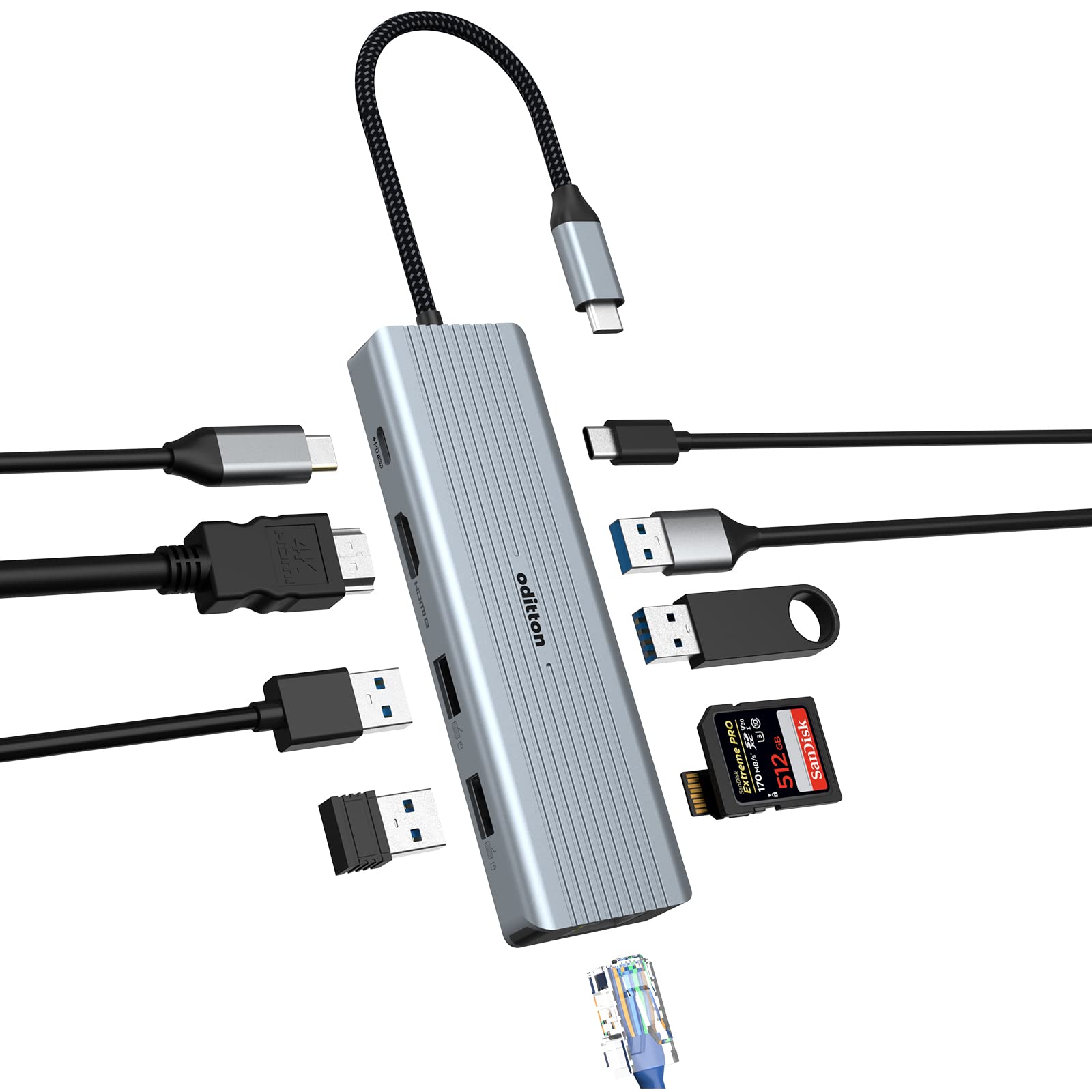 Hub USB C, oditton 10 en 1 Adaptateur USB C avec HDMI 4K, 2* USB-A 3.0, 2* USB-A 2.0, 5Gbps USB-C Port de Données, 100W PD, Ethernet, Parte SD/TF Station d'accueil pour MacBook, iMac, et Plus.