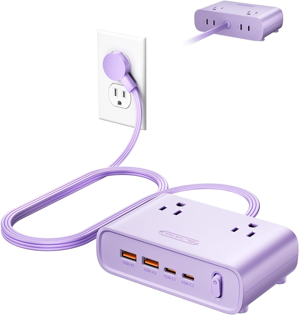 NTONPOWER Purple Power Strip, 25W Max 8-in-1 with 4 AC, 4 USB(2 USB C) 10ft Flat Extension Cord, Power Strip with USB Ports, Outlet Extender for Home Office, School Dorm Room Essentials