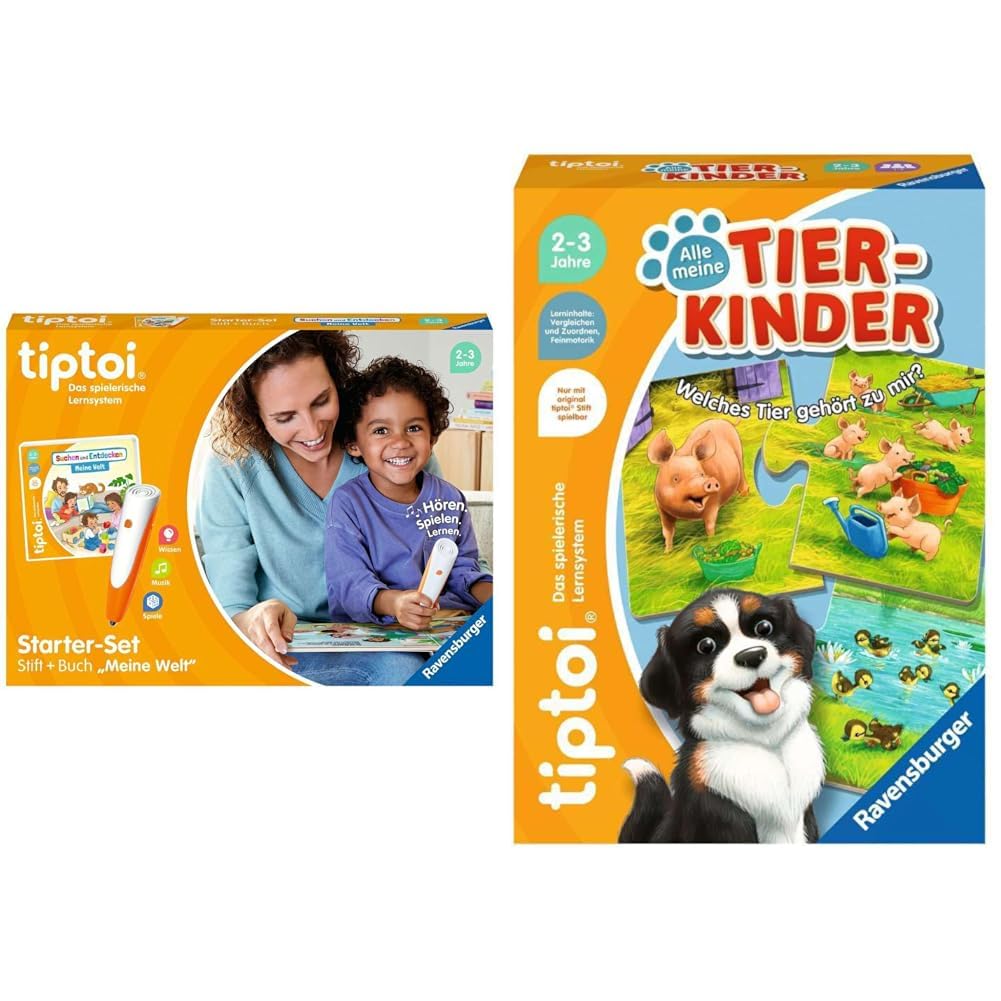tiptoi 00108 - Wszystkie moje zwierzęce dzieci: Które zwierzę należy do mnie? & Ravensburger Starter-Set Tiptoi Elektroniczy Długopis, Biały/Pomarańczowy, Od 2 lat