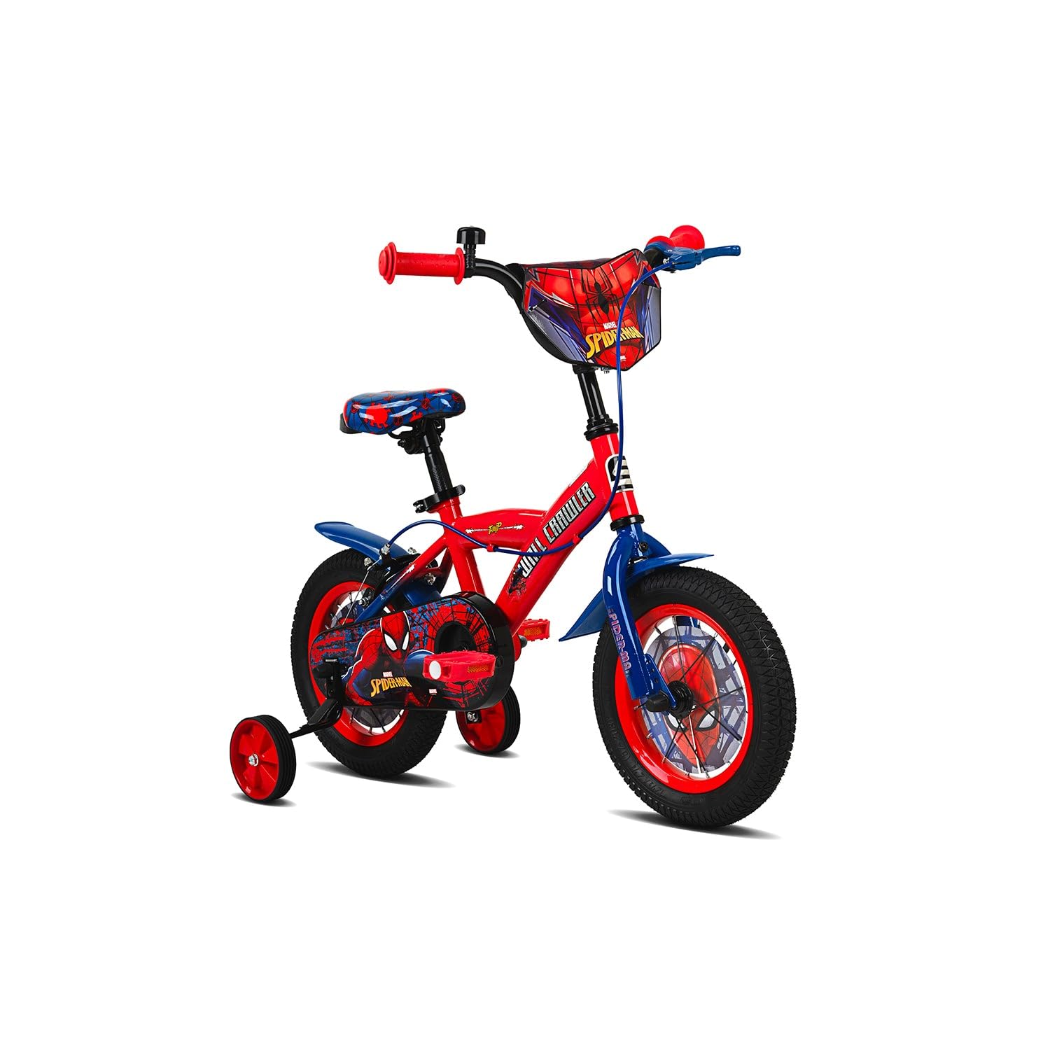 Spartan 12" Marvel Spiderman Super Spidey Bicycle for Boys – With Training Wheels, Front Basket, Rear Mudguard, Adjustable Seat, Steel Frame, Official Marvel Graphics – Ages 3–5 – Red/Blue | SP-3215