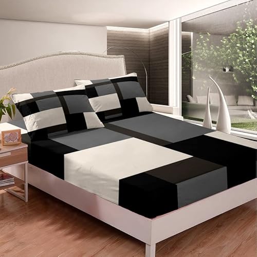 Geometry Sheet Set For Girls Boys Kids Geometric Square Pattern Sheets With Deep Pocket Fitted Sheet Room Decorative Modern Bed Sheets Set Abstract Art Black Grey Bedding Set Room Decor Full Size #TOP1