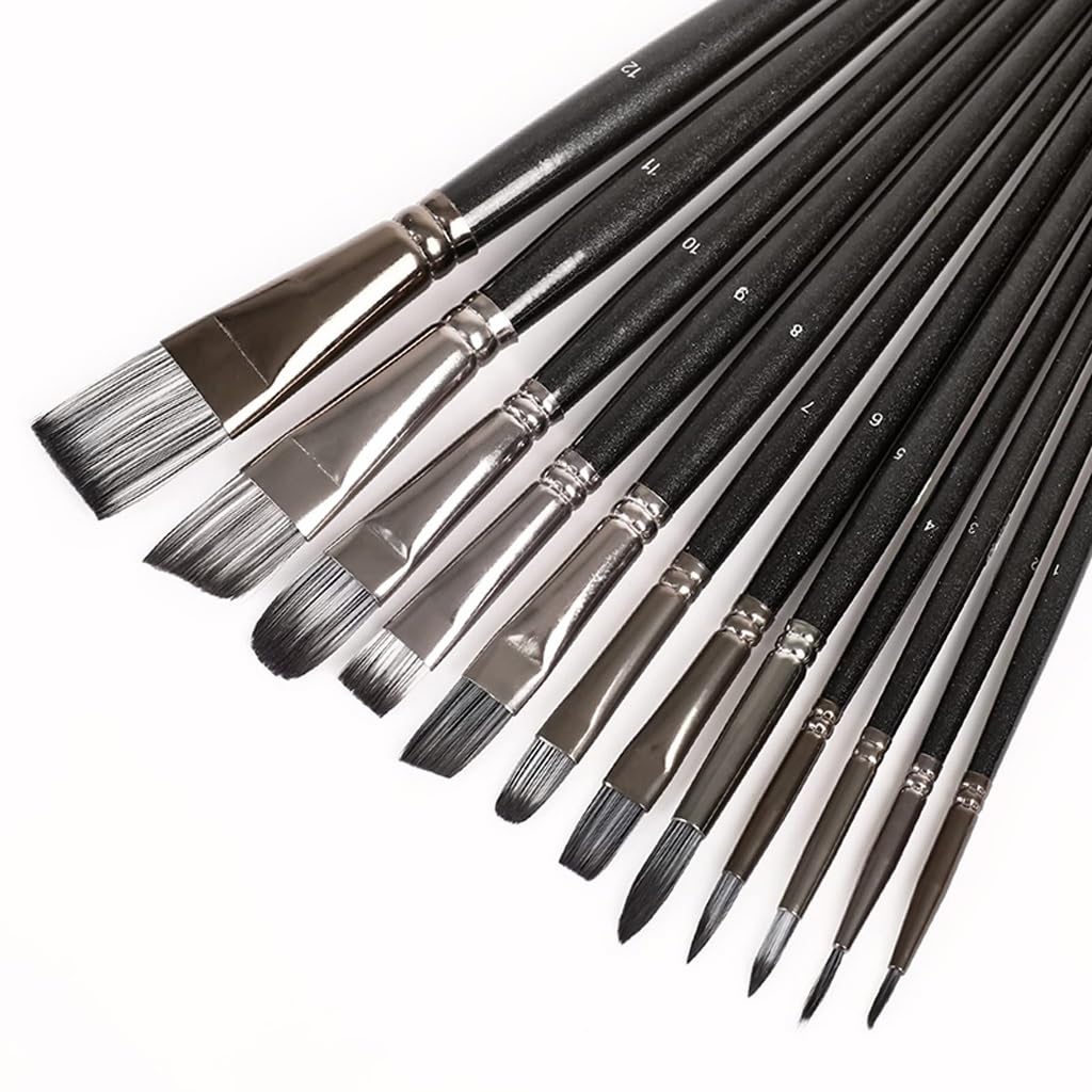 Lot de 12 pinceaux de Peinture Artistique en Poils de Nylon pour Acrylique, Aquarelle, Gouache, Peinture à l'huile
