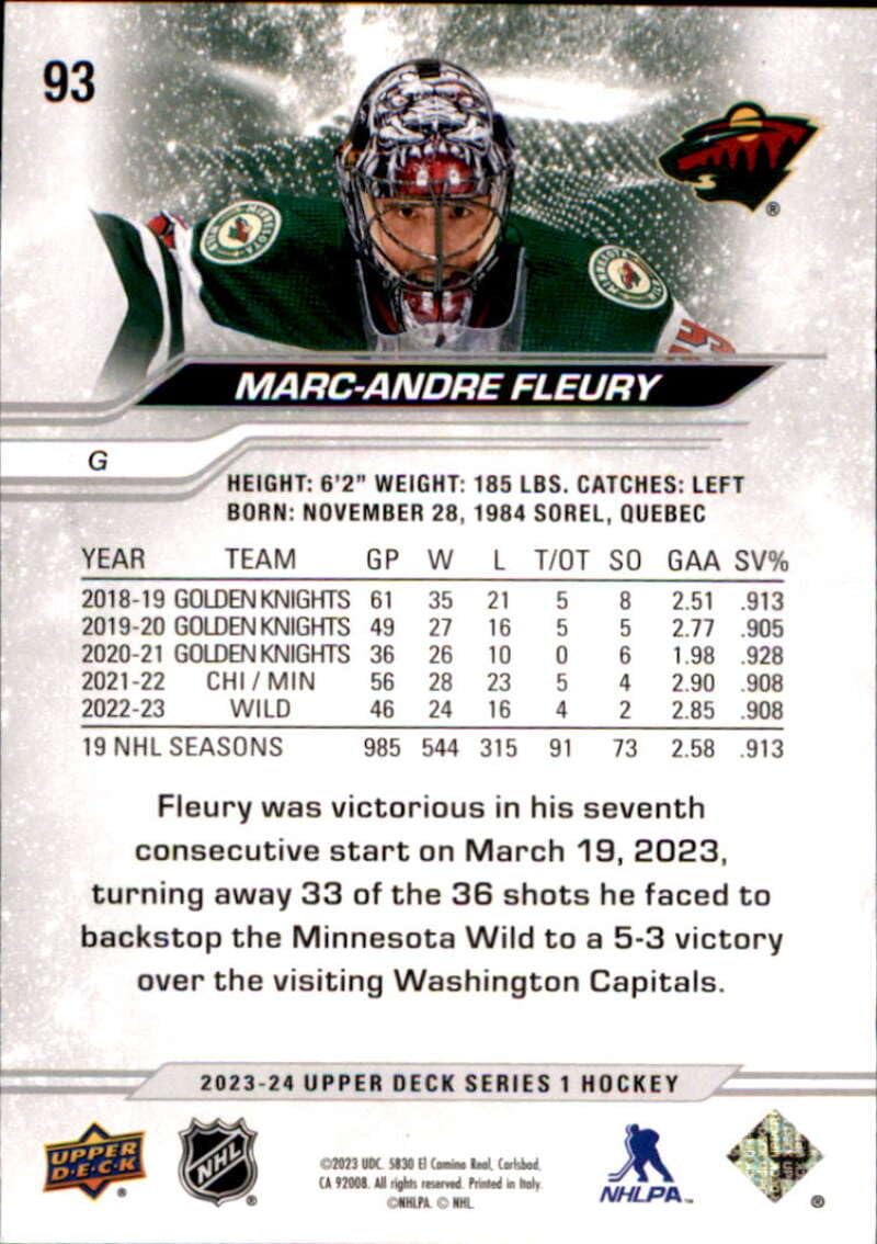 Amazon.com: 2023-24 Upper Deck Series 1#93 Marc-Andre Fleury