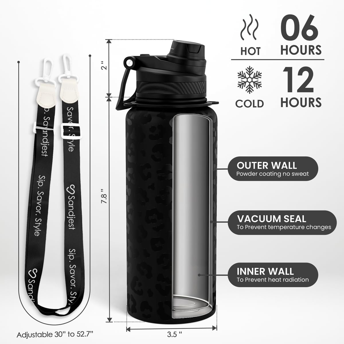 Black Leopard Skin Stainless Steel Water Bottle with Strap 32oz, Insulated Bottles with Straw and Spout Lid for Gym Sports Travel Outdoor, Gifts for Women Girls Birthday Christmas - Image 2