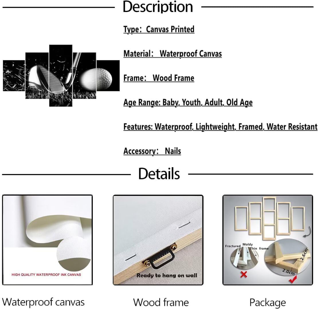 Golf Wall Art for Office Living Room Bedroom Bathroom Home Decorations Golf Art Canvas Prints Golf Ball Pictures Posters Framed Artwork Ready to Hang(60''W x 32''H) - Image 7