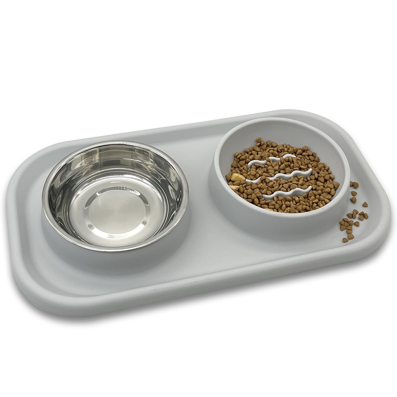 BNOSDM Juego de cuencos de alimentación lenta para perros, cuencos dobles de acero inoxidable para comida y agua con alfombrilla de silicona, comedero para mascotas para ralentizar la alimentación