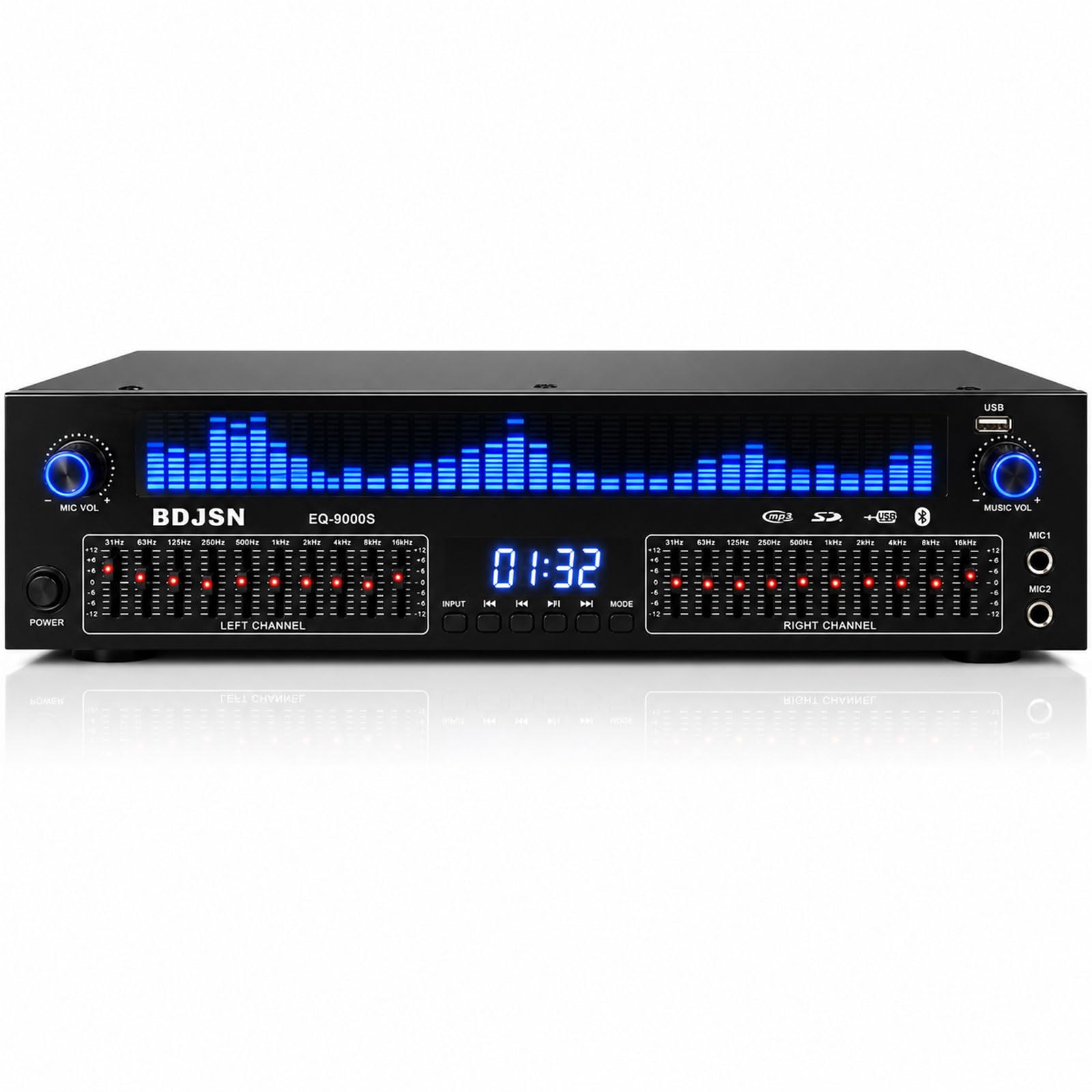 BDJSN Dsp Audio Equalizer, 31-band Dynamic Spectrum Display, Dual 10-band Eq Control, Bluetooth Audio Processor With Usb Playback, Optical/coaxial Input, Dual Mic Jacks, Rca & Xlr Outputs For Home
