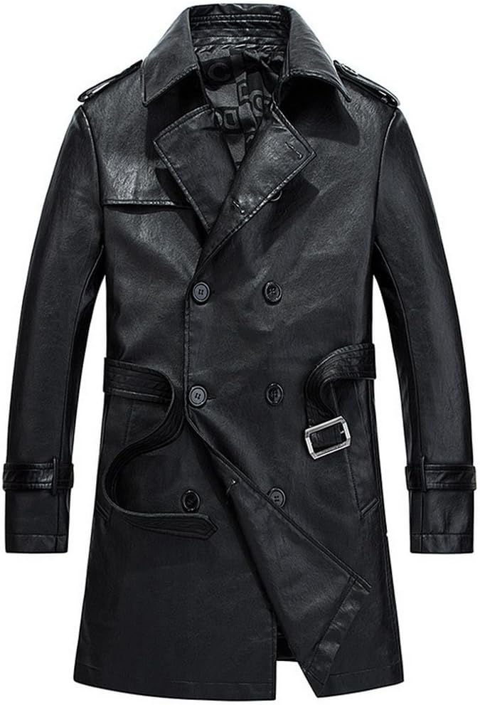 Men's Leather Long Slim Fit Walking Overcoat Trench