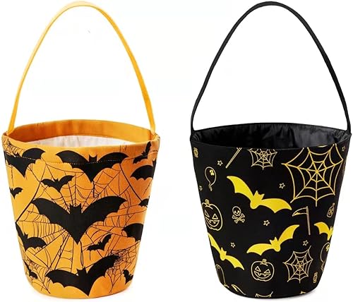 Ouksma 2 cubos de lona de Halloween para dulce o truco, cestas de dulces de Halloween, cestas de calabaza con asa para suministros de fiesta de