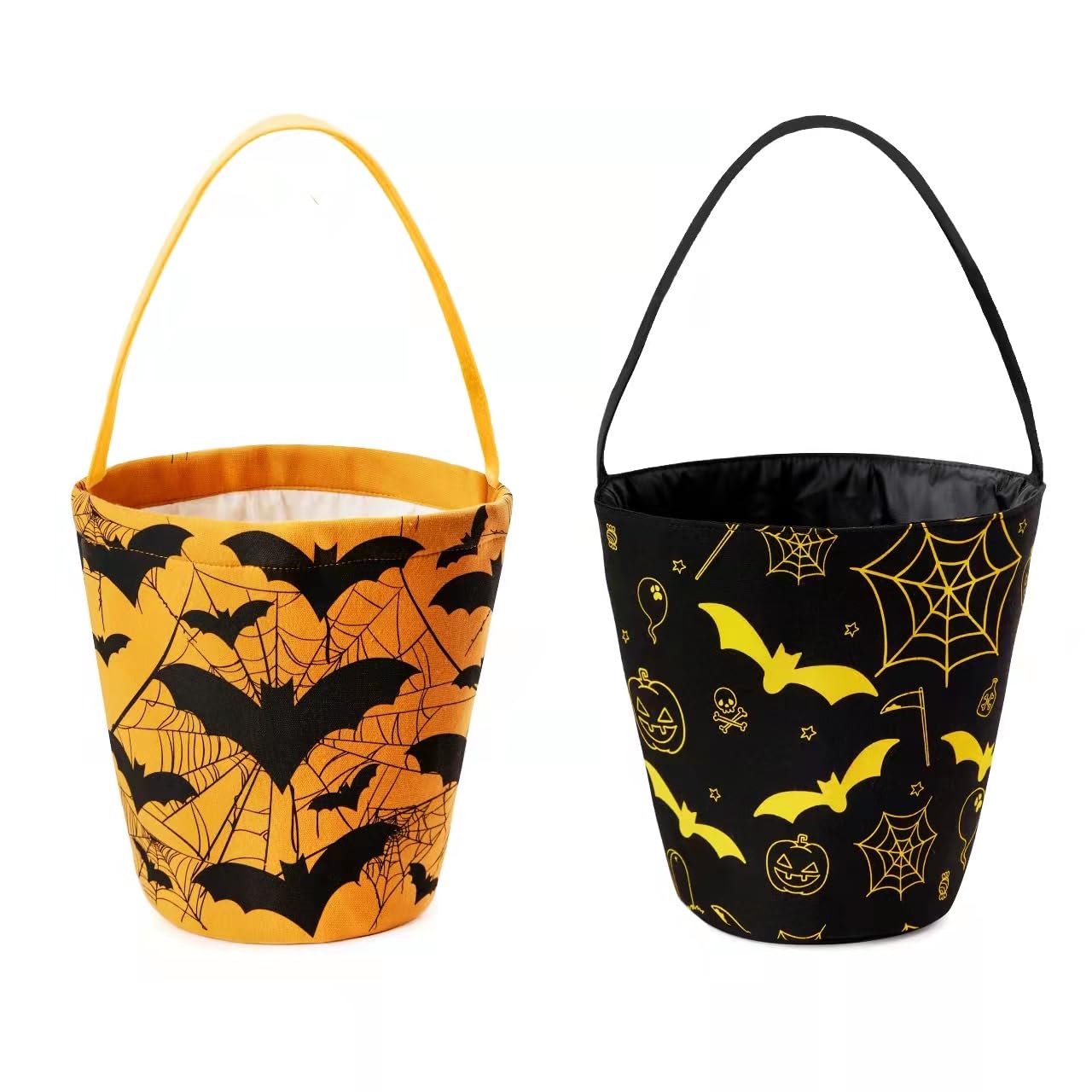 Ouksma 2 Pcs Canvas Halloween Trick or Treat Buckets Halloween Candy Snack Baskets Pumpkin Face Candy Holder with Handle for Halloween Party Favor Supplies (Black/Yellow Bat)
