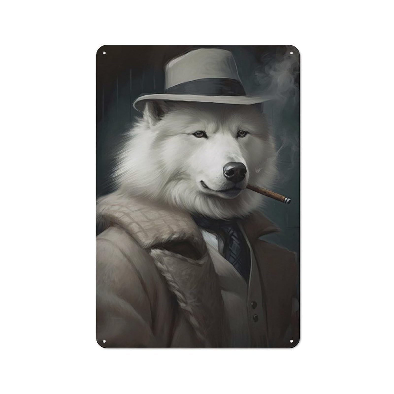 Junmoney Style-23 30X20cm Retro-Style Tin Sign With Samoyed The Gangster For Garage Or Workshop, For Vintage Wall Decor Fans, For Metal Sign Collectors