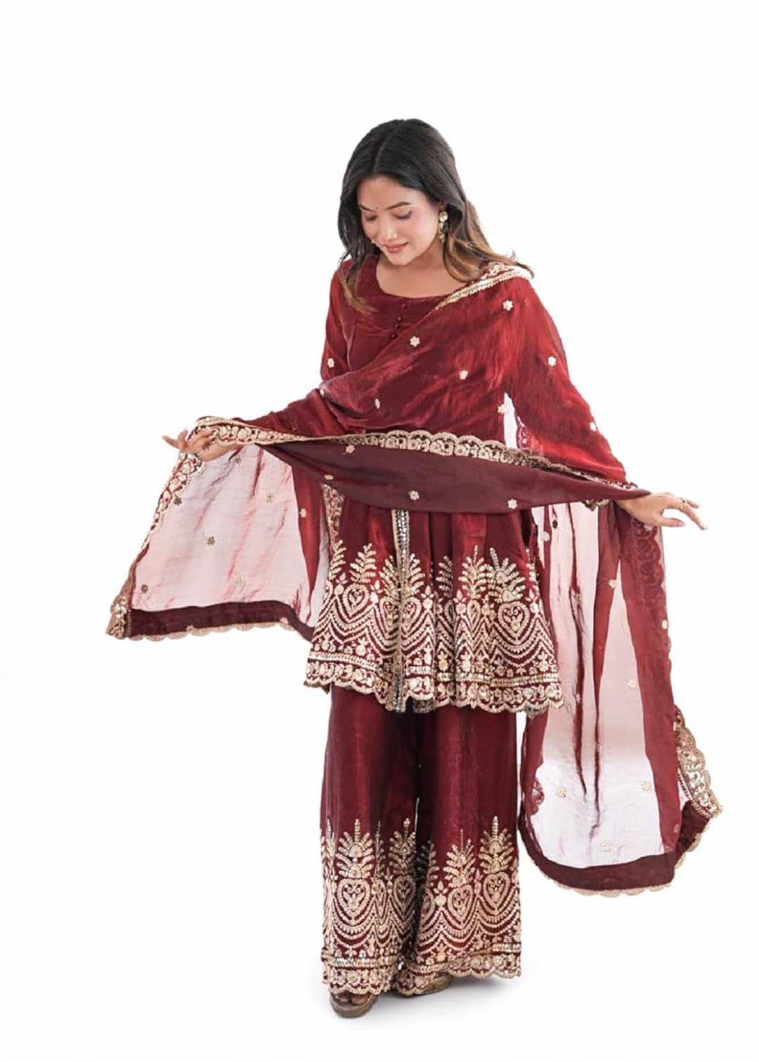 Women’s Designer Peplum Kurta Palazzo Set with Dupatta Heavy Two Tone Fandy Silk Embroidery Sequins and Real Mirror Work Fullstitched-image-43