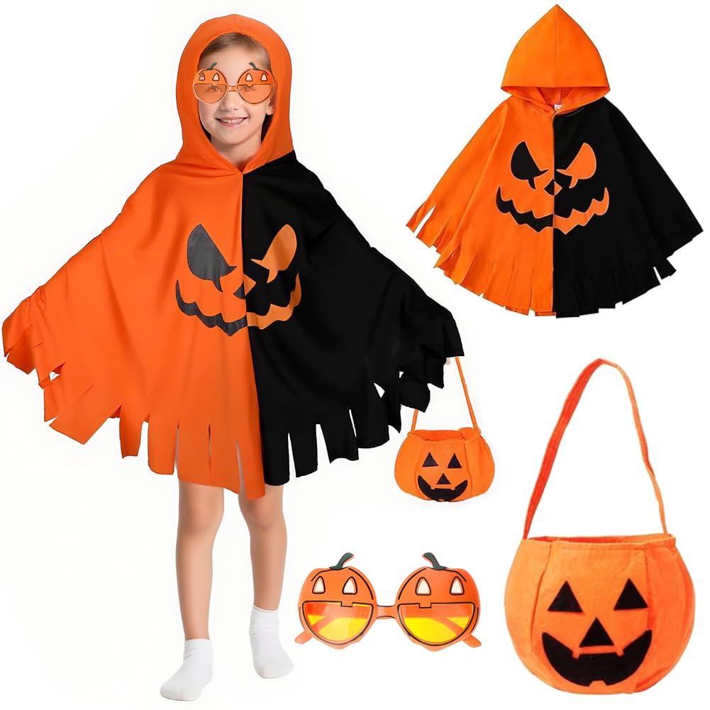 FVGYITG Halloween Pumpkin Cloak, Complete Halloween Pumpkin Costume Set for Kids & Adults, Pumpkin Dress Outfit with Hat