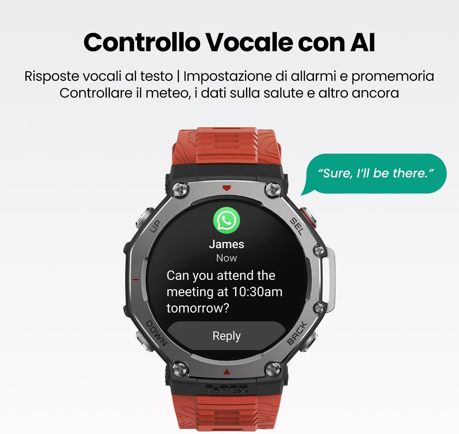 Amazfit T-Rex 3 displaying a message with a voice reply option.