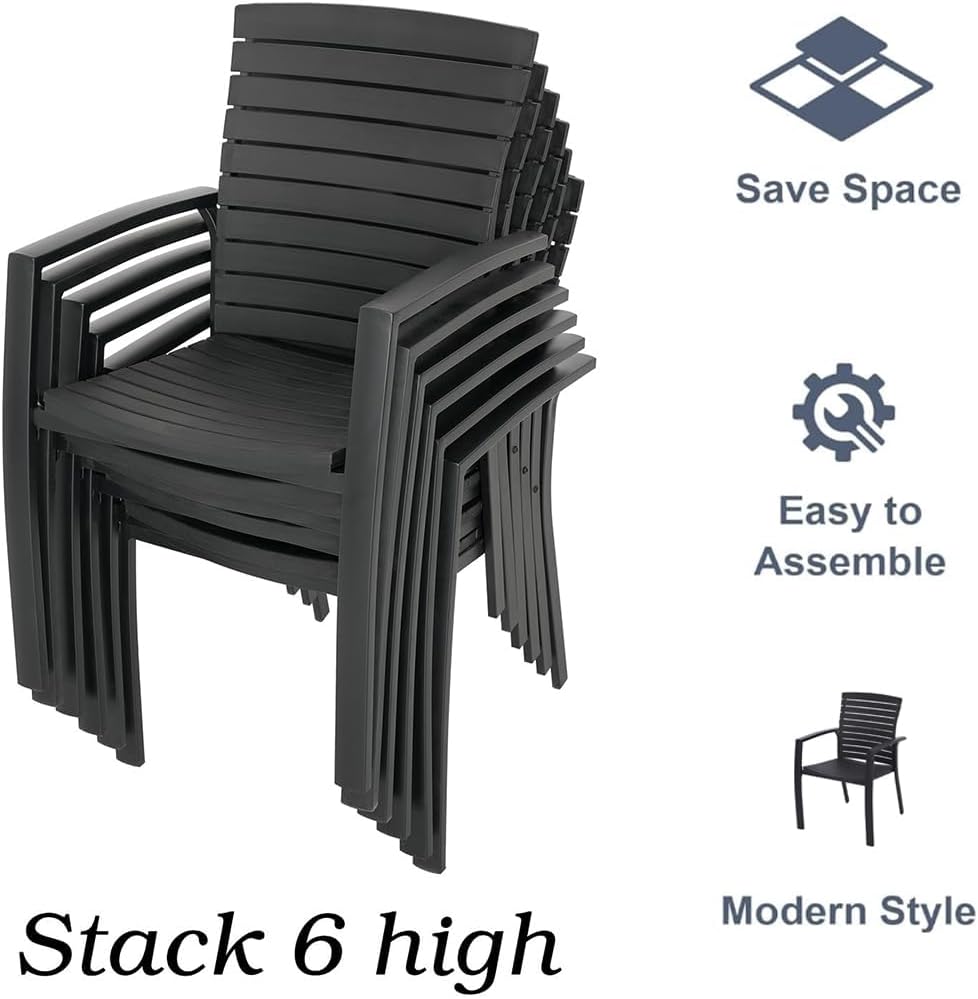 Anmutig 7-Piece Outdoor Patio Dining Set, Outdoor Furniture with 6 Stackable Patio Aluminum Chairs and Rectangle Dining Table for Backyard Bistro Garden Poolside Black