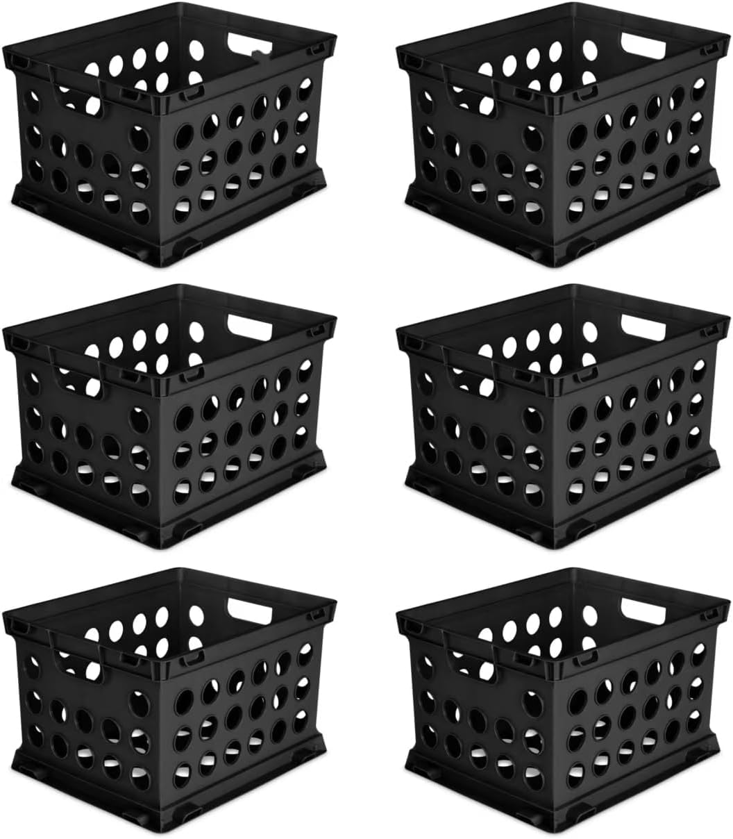 6 Pack Black Plastic File Crate, Stackable Storage Bin Fits Letter & Legal Size Hanging Files, Portable Organizer with Handles for Office, Home, Dorm, Garage, 17.25" x 14.25" x 10.75"