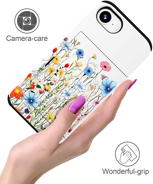IWONE Compatible with iPhone 16e / 17e Case with Card Holder Cute Shockproof Drop Protection Phone Wallet Slot Cover Cases for Women - Blue Buds Flowers Grass by IWONE - Image 6