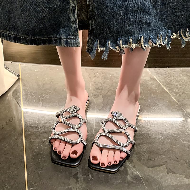 Large size women's shoes summer fashion rhinestone snake-shaped flat-bottomed slippers personalized wear flat-heeled one-word cool slippers4