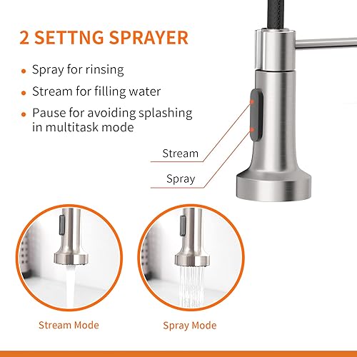 Miniatura 3 de OwOFAN - Grifos de cocina con rociador de latón sólido con níquel de cepillado industrial, de una sola manija, grifo para granja, campamento,