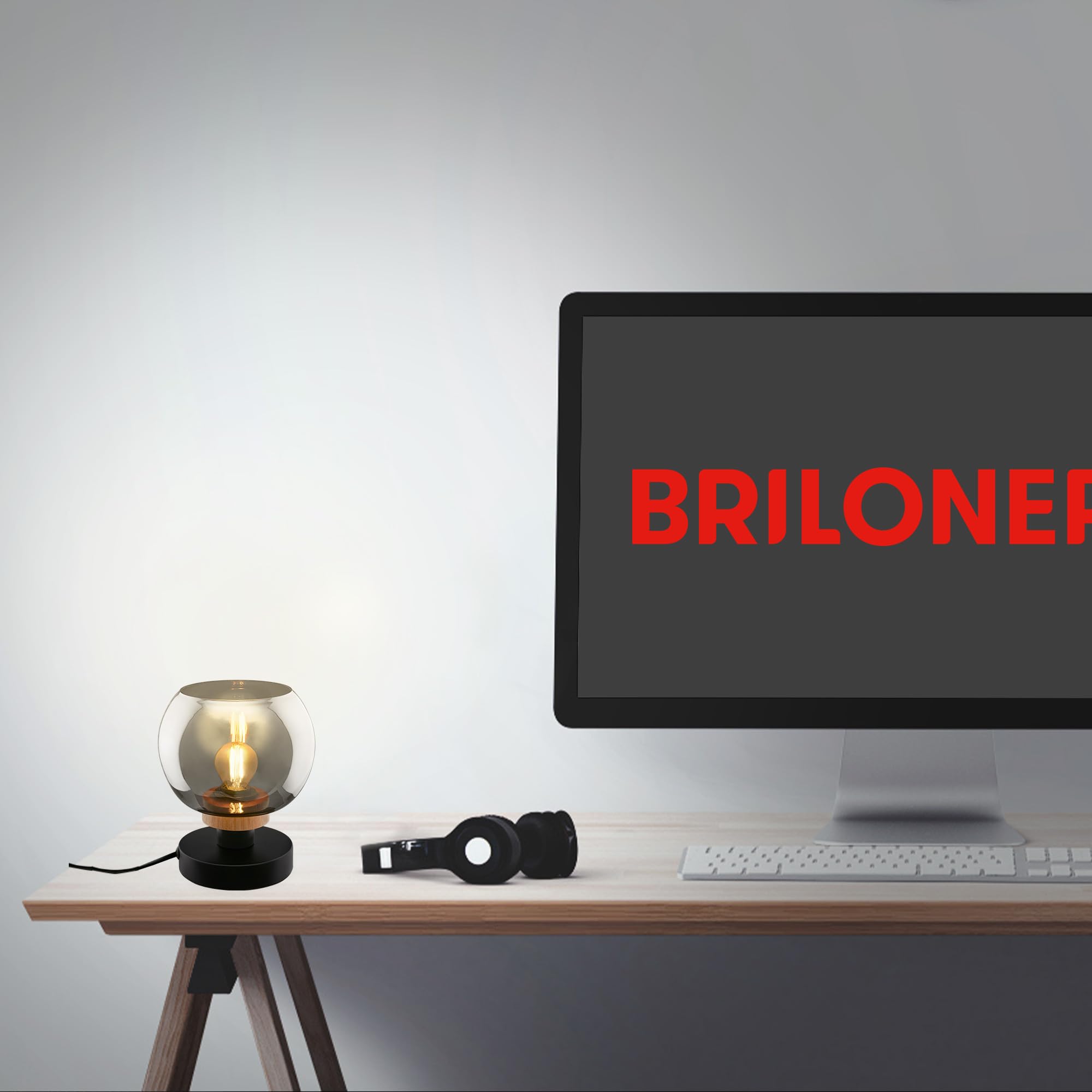 BRILONER - Lampada da comodino, vetro fumé, lampada da scrivania con interruttore a cavo, lampada da tavolo E14 per home office, lampada da lettura, legno nero