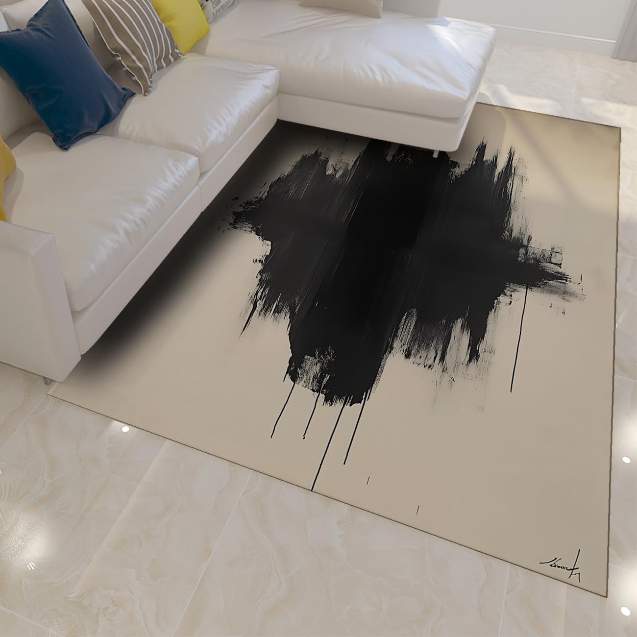 Tapis minimaliste noir et blanc 100x150cm style art contemporain abstrait