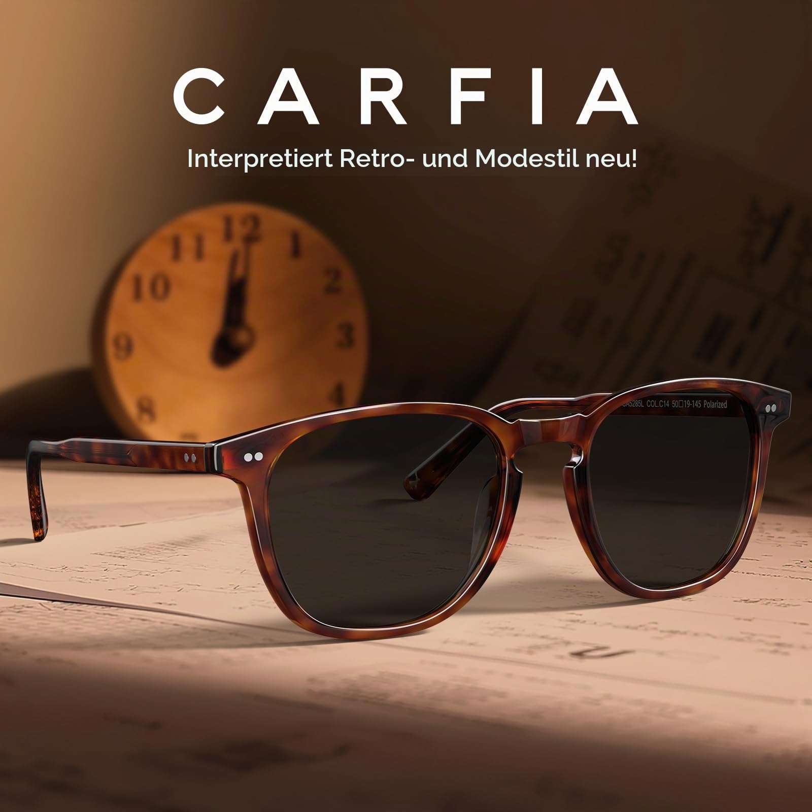CARFIA Retro Acetat Polarisierte Sonnenbrille Herren UV400 Schutz Handgefertigter Rahmen Ergonomisches Design CA5285L