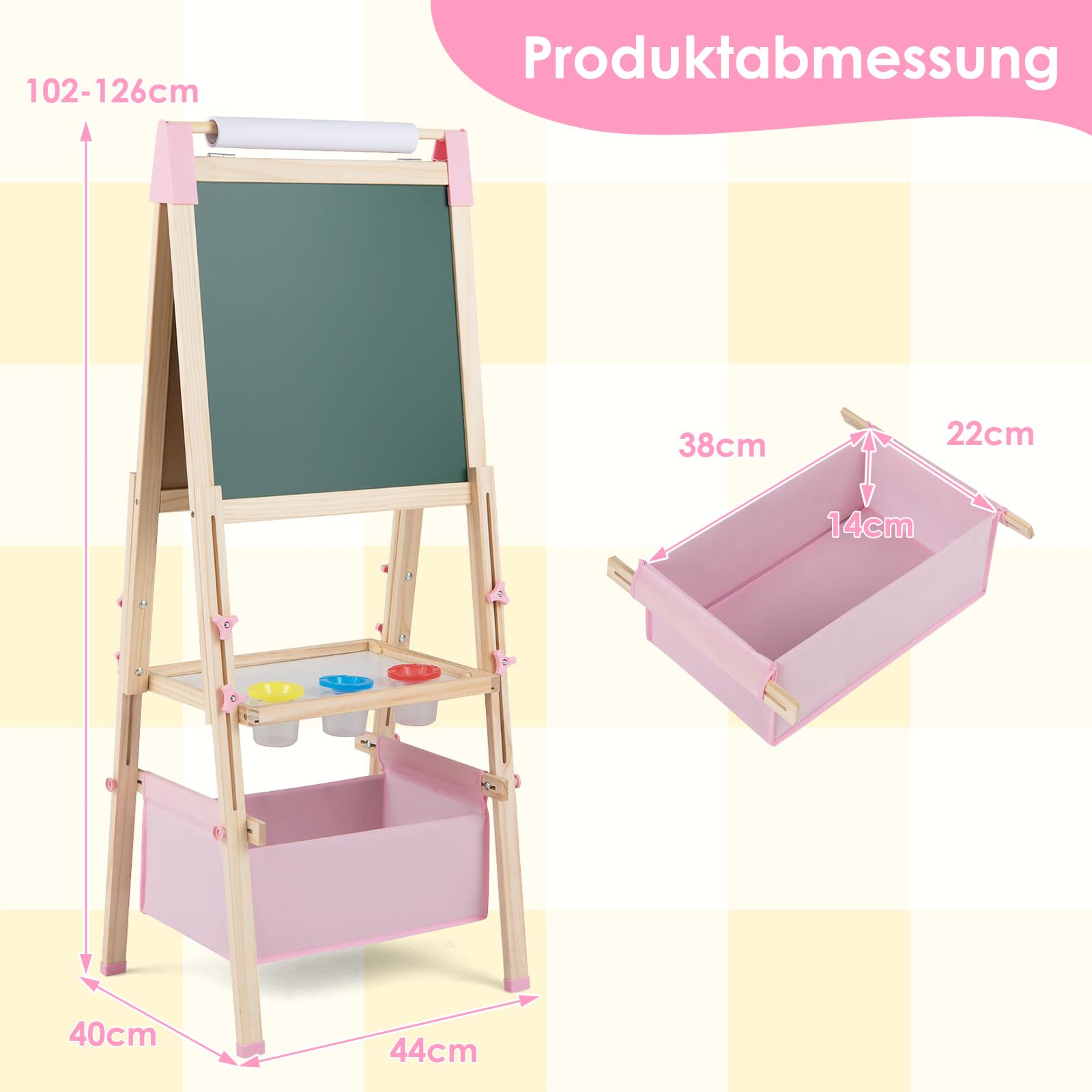 COSTWAY 3 in 1 Staffelei Kinder, doppelseitige Kindertafel höhenverstellbar mit Whiteboard & Kreidetafel, Standtafel inkl. Papierrolle, Zahlen, Kreiden & Farbstift, für Kinder ab 3 Jahren (Rosa)
